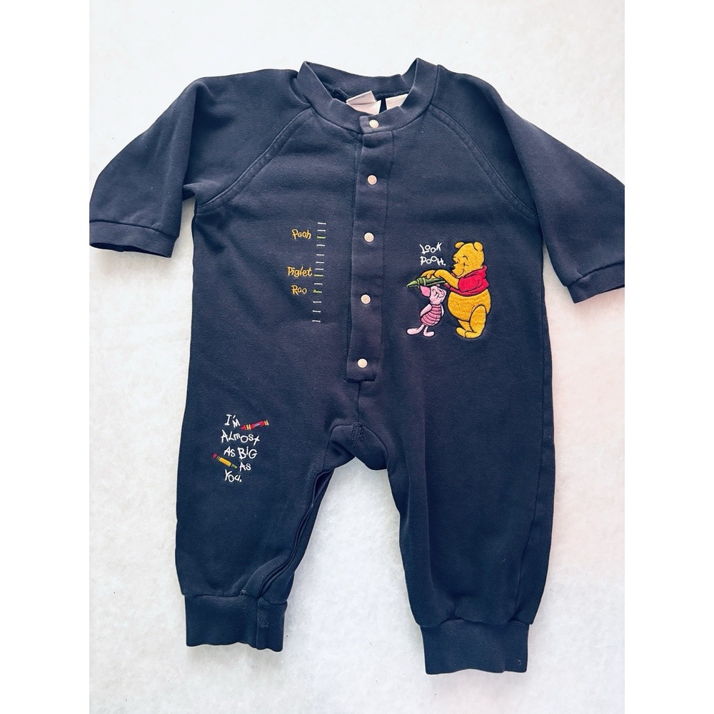 Vintage Winnie the Pooh Disney Store Embroidered Romper 90's Y2K Sz 18-24m Navy